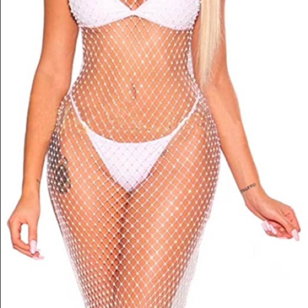 White Sheer Fishnet Rhinestone Dress - Picture 7 of 8